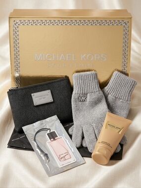Michael Kors Black Pouch, Grey Gloves, Shower Gel & Air Freshener In MK Box